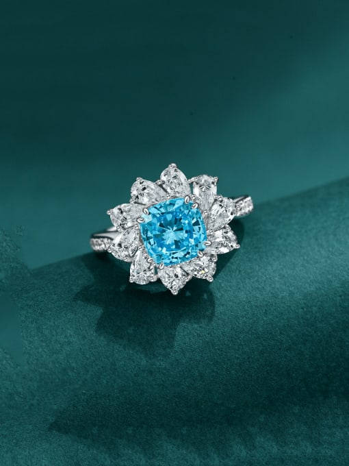 Sea Blue [R 2569] 925 Sterling Silver High Carbon Diamond Flower Luxury Band Ring